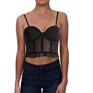 Black Velvet Polk Dot Ruffle Trim Cropped Corset Bustier Top NEW